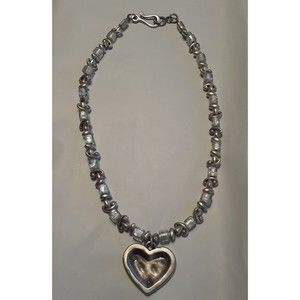 Danon Signed Silver Tone Heart Pendant Necklace with Clear Beads 9.5"